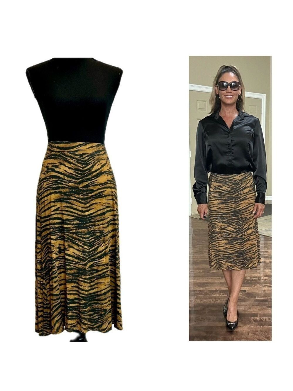 H&M tiger animal print flowy midi slip skirt Sz S pull-on